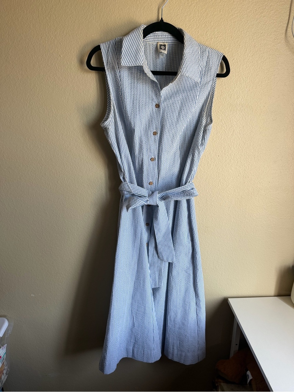 Anne Klein Light Blue and White Sleeveless Midi Shirt Dress